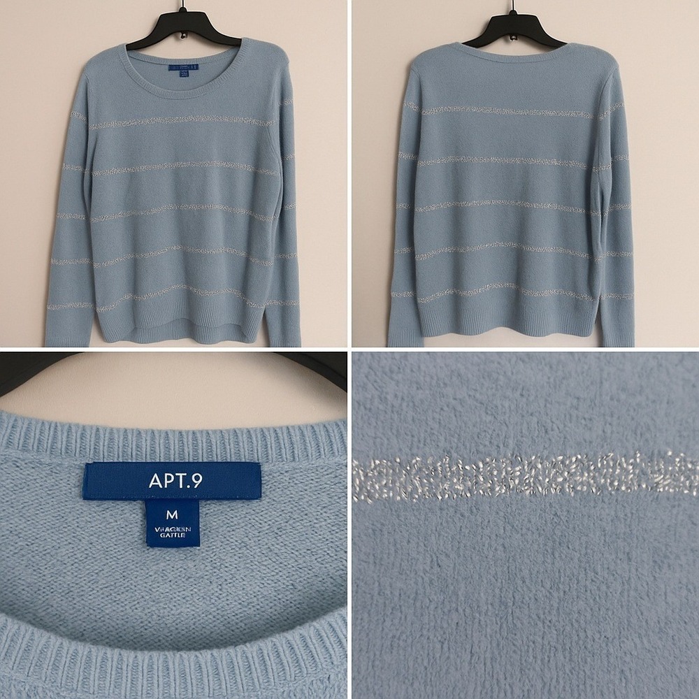 Apt. 9 Women's Blue Metallic Stripe Sweater Size M Long‎ Sleeve Pullover